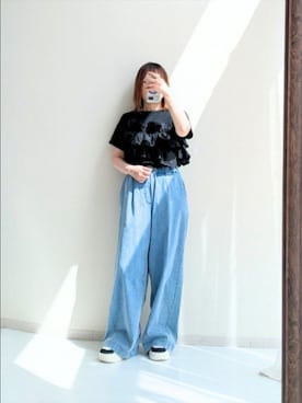 「nissen（ニッセン）の＜大きいサイズ＞【接触冷感】ライトオンスプチワイドストレートパンツ（ゆったりヒップ）（パンツ、ブルー系）」を使った、cooさん（レディース・155cm）の春コーディネート