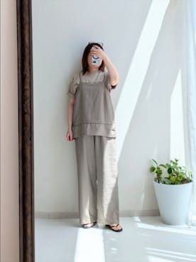 「nissen（ニッセン）の麻調合繊サロペットパンツ（オールインワン・サロペット、ブラウン系）」を使った、cooさん（レディース・155cm）の夏コーディネート