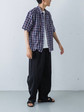「URBAN RESEARCH Sonny Label（アーバンリサーチサニーレーベル）のワッシャーチェックショートスリーブシャツ（シャツ/ブラウス、ブルー系）」を使った、カワバタさん（メンズ・185cm）の夏コーディネート