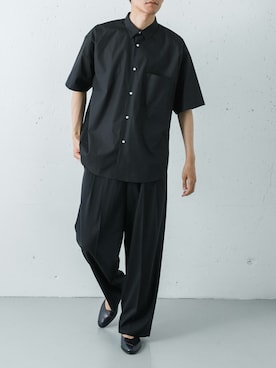 「THOMAS MASON（トーマス メイソン）のTHOMAS MASON SHORT-SLEEVE OVER SHIRTS（シャツ/ブラウス、ブラック系）」を使った、カワバタさん（メンズ・185cm）の夏コーディネート