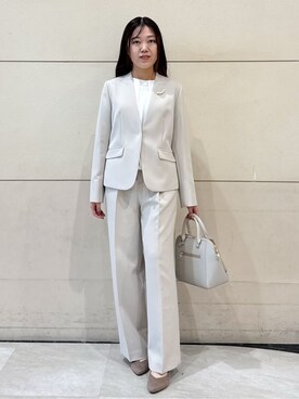 「grove（グローブ）の【マシンウォッシュ／防シワ/SS-3L】ストレッチノーカラージャケット（ノーカラージャケット、ベージュ系）」を使った、ふみさん（レディース）の冬コーディネート