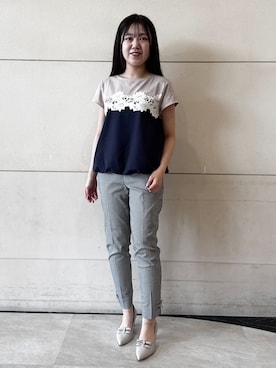 「couture brooch（クチュールブローチ）の【UVカット・接触冷感・洗える】レース バルーントップス（Tシャツ/カットソー、ブルー系）」を使った、ふみさん（レディース）の春コーディネート
