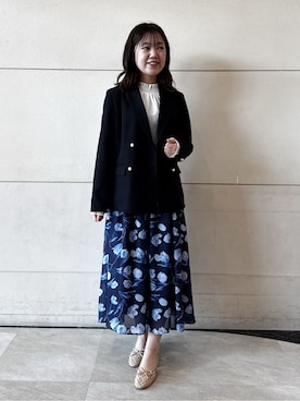 「couture brooch（クチュールブローチ）の【洗える・通勤】パール調ボタン テーラードジャケット（テーラードジャケット、ブルー系）」を使った、ふみさん（レディース）の春コーディネート
