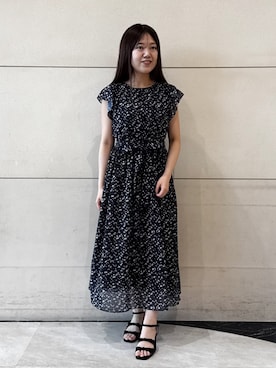 「couture brooch（クチュールブローチ）の【洗える】袖フリル シフォン ギャザーワンピース（ワンピース、ブルー系）」を使った、ふみさん（レディース）の夏コーディネート