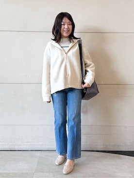 「grove（グローブ）のダンボールジャージ フードパーカージャケット（ブルゾン、ベージュ系）」を使った、ふみさん（レディース）の冬コーディネート