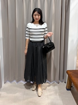 「ITEMS URBANRESEARCH（アイテムズ アーバンリサーチ）の『洗濯可』ソウバリボートネックニット（ニット/セーター、ホワイト系）」を使った、yuuさん（レディース・164cm）の夏コーディネート