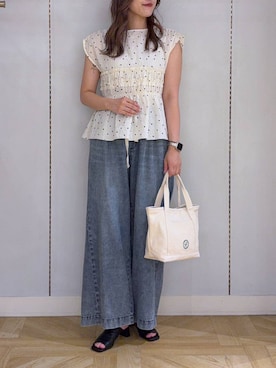 「LOWRYS FARM（ローリーズファーム）のＬＦＢＡＳＩＣＴＯＴＥ　323726（Shoulderbag、ホワイト系）」を使った、oharu14さん（レディース）の夏コーディネート