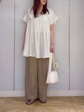 「LOWRYS FARM（ローリーズファーム）のバスケットワイドパンツ 637610（Trousers、ベージュ系）」を使った、oharu14さん（レディース）の夏コーディネート