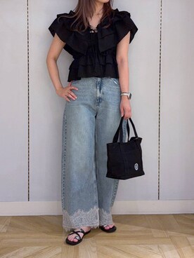 「LOWRYS FARM（ローリーズファーム）のＬＦＢＡＳＩＣＴＯＴＥ　323726（Shoulderbag、ブラック系）」を使った、oharu14さん（レディース）の夏コーディネート