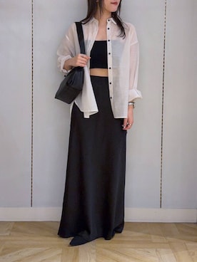「LOWRYS FARM（ローリーズファーム）のストレッチサテンスカート　 290120（スカート、ブラック系）」を使った、oharu14さん（レディース）の春コーディネート