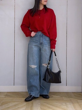 「LOWRYS FARM（ローリーズファーム）のワイドストレートデニムパンツ　607883（デニムパンツ、ブルー系）」を使った、oharu14さん（レディース）の冬コーディネート