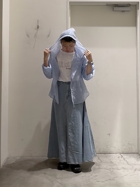 「CIAOPANIC TYPY（チャオパニックティピー）の【新色追加/体型カバーも叶う】フード付きシアーシャツ（シャツ/ブラウス、ブルー系）」を使った、R!SAさん（レディース・160cm）の春コーディネート