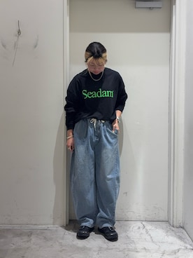 「SEADAM（シーダム）の【WEB限定】SEADAMビッグシルエットロゴロンTEE（Tシャツ/カットソー、ブラック系）」を使った、R!SAさん（レディース・160cm）の春コーディネート