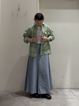 「CIAOPANIC TYPY（チャオパニックティピー）の【着心地◎】ユニセックス/シアサッカーフェードチェックシャツ（シャツ/ブラウス、グリーン系）」を使った、R!SAさん（レディース・160cm）の春コーディネート