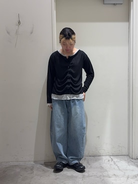 「CIAOPANIC TYPY（チャオパニックティピー）のフロントタックレイヤードライクメランジリブカーデ（Tシャツ/カットソー、ブラック系）」を使った、R!SAさん（レディース・160cm）の春コーディネート