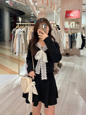 「one after another NICE CLAUP(ワンアフターアナザーナイスクラップ)のレースリボンセットアップニット(ワンピース、ブラック系)」を使った、nicericoさん(レディース・154cm)の冬コーディネート