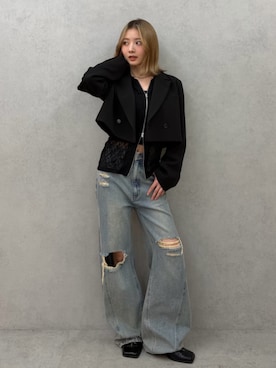 「MURUA（ムルーア）のスクエアポインテッドミュール（パンプス、ブラック系）」を使った、MIZUKIさん（レディース・156cm）の春コーディネート
