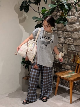 「BAYFLOW（ベイフロー）のフレンチドルマンプリントＴ（Tシャツ/カットソー、グレー系）」を使った、sunabfさん（レディース・148cm）の夏コーディネート