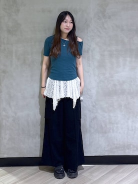 「PAGEBOY（ページボーイ）の≪S/M/Lの3サイズ展開≫ モードバックルスポサン（サンダル、ブラック系）」を使った、まなさん（レディース）の夏コーディネート