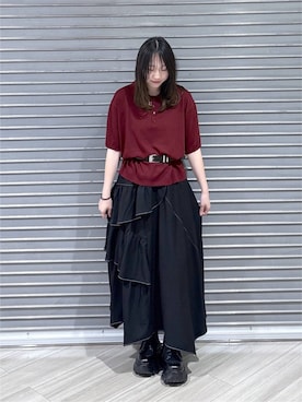 「PAGEBOY（ページボーイ）のハイショクステッチフリルスカート【ウエストゴム/ストレスフリー】（スカート、ブラック系）」を使った、まなさん（レディース）の夏コーディネート