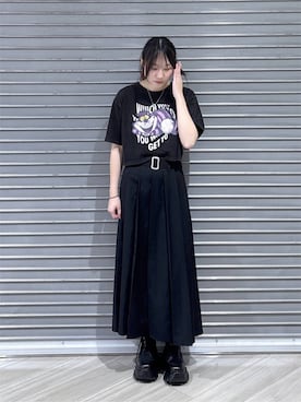 「PAGEBOY（ページボーイ）のDisney【ふしぎの国のアリス】チェシャネコショートT（Tシャツ/カットソー、グレー系）」を使った、まなさん（レディース）の夏コーディネート