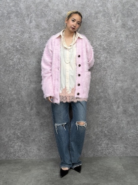 「GEVS.（ジェイヴィス）のヘアリーニットカーディガン＜大きいサイズ有＞GEVS.（カーディガン/ボレロ、ピンク系）」を使った、ERIKA さん（レディース・157cm）の秋コーディネート