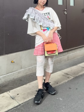 「HYSTERIC GLAMOUR（ヒステリックグラマー）のアイテム（Tシャツ/カットソー、ホワイト系）」を使った、MIRAIさん（レディース・152cm）の夏コーディネート