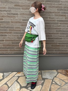 「BEAMS BOY（ビームスボーイ）のマルチボーダー ワンピース（ワンピース、グリーン系）」を使った、MIRAIさん（レディース・153cm）の夏コーディネート