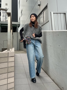 「160cm」｜「アイテム（ニットキャップ/ビーニー）」を使った、西村唯さん（レディース・160cm）の秋コーディネート