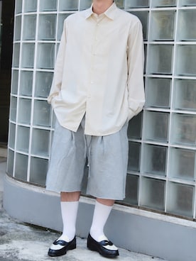 「SHINYAKOZUKA（シンヤコヅカ）のCONZ別注　ORDINARY HOME BAGGY SHORTS/ハーフパンツ/スウェットパンツ/夏服/SHINYAKOZUKA（その他パンツ、グレー系）」を使った、kakeruさん（メンズ・170cm）の秋コーディネート