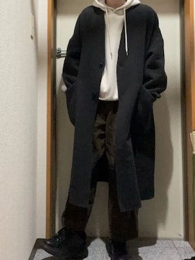 「アイテム（ノーカラーコート）」を使った、008nさん（メンズ・165cm）の冬コーディネート