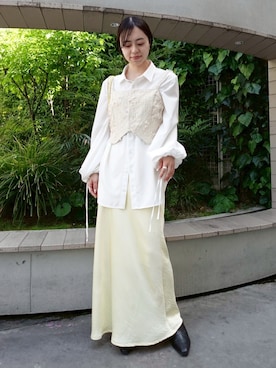 「sahara（サハラ）のDrawstring Cuff Over Shirt/ドローストリングカフオーバーシャツ（シャツ/ブラウス、ホワイト系）」を使った、MARTEさん（レディース・157cm）の春コーディネート