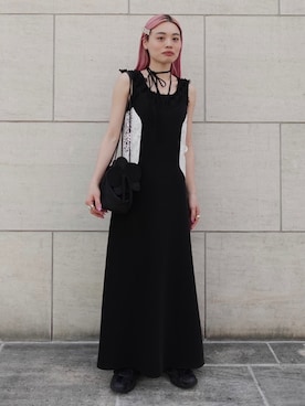 「sahara（サハラ）のLace Inset Camisole Dress/レースインセットキャミソールドレス（ワンピース、ブラック系）」を使った、MARTEさん（レディース・157cm）の春コーディネート