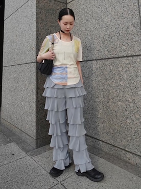「sahara（サハラ）の2way Sleeve Art Print Top（Tシャツ/カットソー、その他）」を使った、MARTEさん（レディース・157cm）の春コーディネート