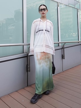 「sahara（サハラ）のSheer Hoodie Cardigan/シアーフーディーカーディガン（カーディガン/ボレロ、ホワイト系）」を使った、MARTEさん（レディース・168cm）の春コーディネート