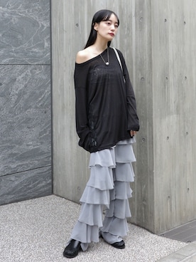 「sahara（サハラ）のSide Lace Over Top/サイドレースオーバーサイズトップス（Tシャツ/カットソー、ブラック系）」を使った、MARTEさん（レディース・157cm）の春コーディネート