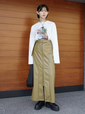 「sahara（サハラ）のBelt Design Zip Skirt/ベルトデザインジップスカート（スカート、ブラウン系）」を使った、MARTEさん（レディース・157cm）の春コーディネート