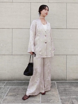 「sahara（サハラ）のSatin Jacquard Jacket/サテンジャガードジャケット（ノーカラージャケット、パープル系）」を使った、MARTEさん（レディース・157cm）の春コーディネート