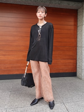 「sahara（サハラ）のSide Lace Over Top/サイドレースオーバーサイズトップス（Tシャツ/カットソー、ブラック系）」を使った、MARTEさん（レディース・158cm）の夏コーディネート