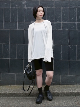 「sahara（サハラ）のSide Lace Over Top/サイドレースオーバーサイズトップス（Tシャツ/カットソー、ホワイト系）」を使った、MARTEさん（レディース・157cm）の春コーディネート
