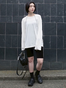 「sahara（サハラ）のSide Lace Over Top/サイドレースオーバーサイズトップス（Tシャツ/カットソー、ホワイト系）」を使った、MARTEさん（レディース・158cm）の夏コーディネート