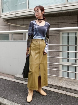「sahara（サハラ）のBelt Design Zip Skirt/ベルトデザインジップスカート（スカート、ブラウン系）」を使った、MARTEさん（レディース・157cm）の春コーディネート