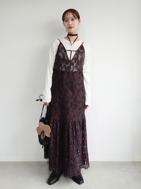 「sahara（サハラ）の【26AW PRE ORDER】Lace Switching Dress（ワンピース、ブラウン系）」を使った、MARTEさん（レディース・158cm）の夏コーディネート