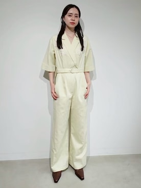 「ELLA CANTARIA（エヤカンタリア）のCord Embroidery All-in-One｜コード刺繍オールインワン（つなぎ/オールインワン、イエロー系）」を使った、MARTEさん（レディース・158cm）の夏コーディネート