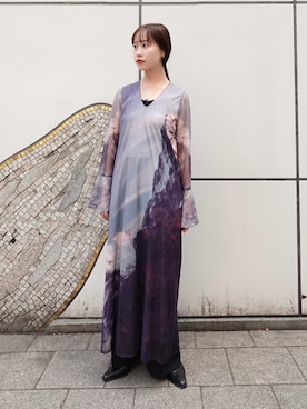 「sahara（サハラ）のNature Print Layered Dress/ネイチャープリントレイヤードドレス（ドレス、ブルー系）」を使った、MARTEさん（レディース・157cm）の春コーディネート