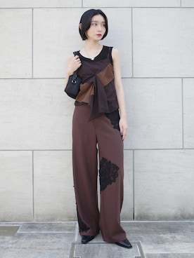 「sahara（サハラ）のBi-color Ruffle Sheer Camisole/バイカラーラッフルシアーキャミソール（キャミソール、ブラウン系）」を使った、MARTEさん（レディース・168cm）の春コーディネート