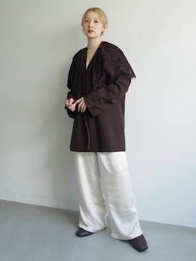 「sahara（サハラ）の【26AW PRE ORDER】Multiway Lace Collar Jacket（テーラードジャケット、ブラウン系）」を使った、MARTEさん（レディース・160cm）の夏コーディネート