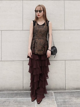 「sahara（サハラ）の【PRE ORDER】Jacquard Slit Bustier（その他トップス、ブラウン系）」を使った、MARTEさん（レディース・157cm）の春コーディネート