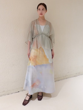 「sahara（サハラ）のArt Print 2piece Dress（ワンピース、グリーン系）」を使った、MARTEさん（レディース・158cm）の夏コーディネート