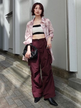 「sahara（サハラ）の【PRE ORDER】Flower Embroidery Over Shirt（シャツ/ブラウス、ピンク系）」を使った、MARTEさん（レディース・158cm）の夏コーディネート